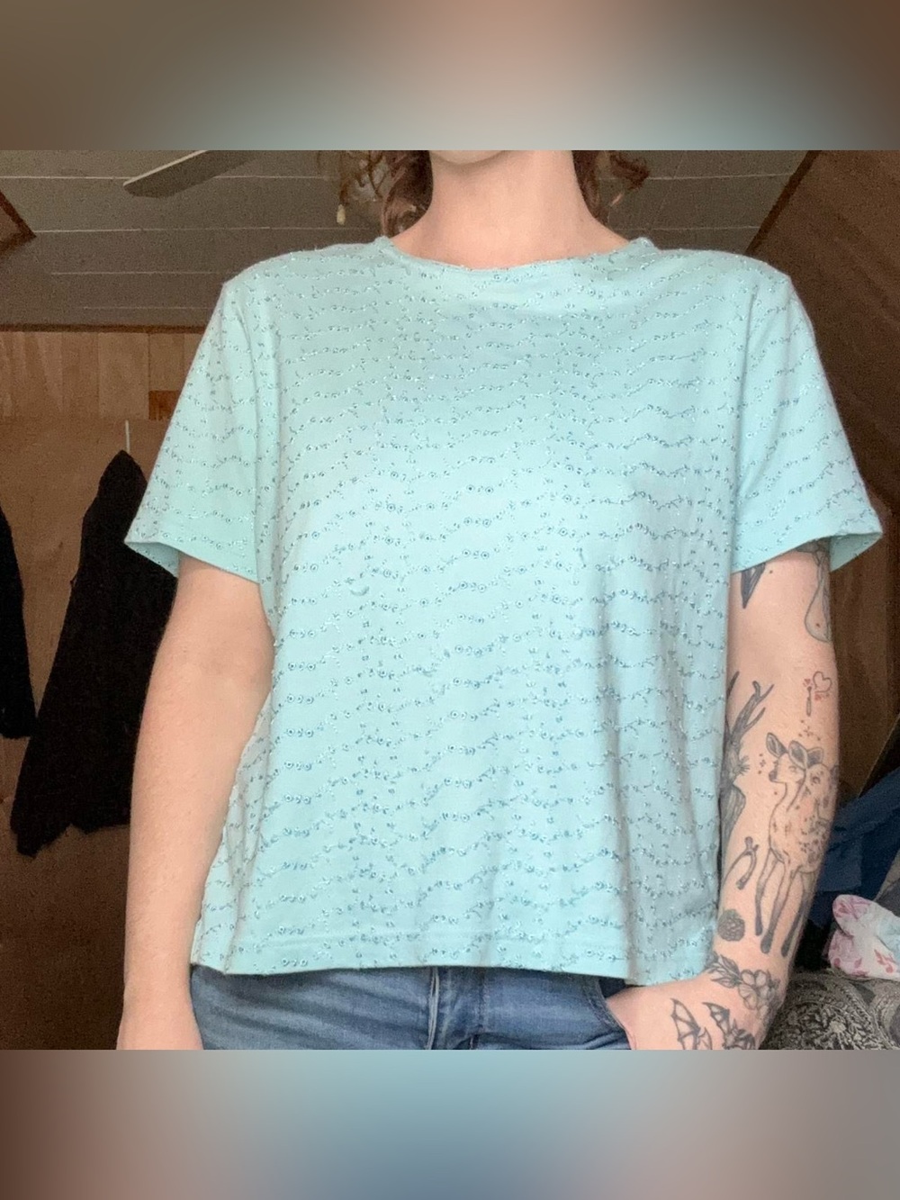 Classic Elements Fairycore Light Blue Textured Floral Embroidered Tshirt